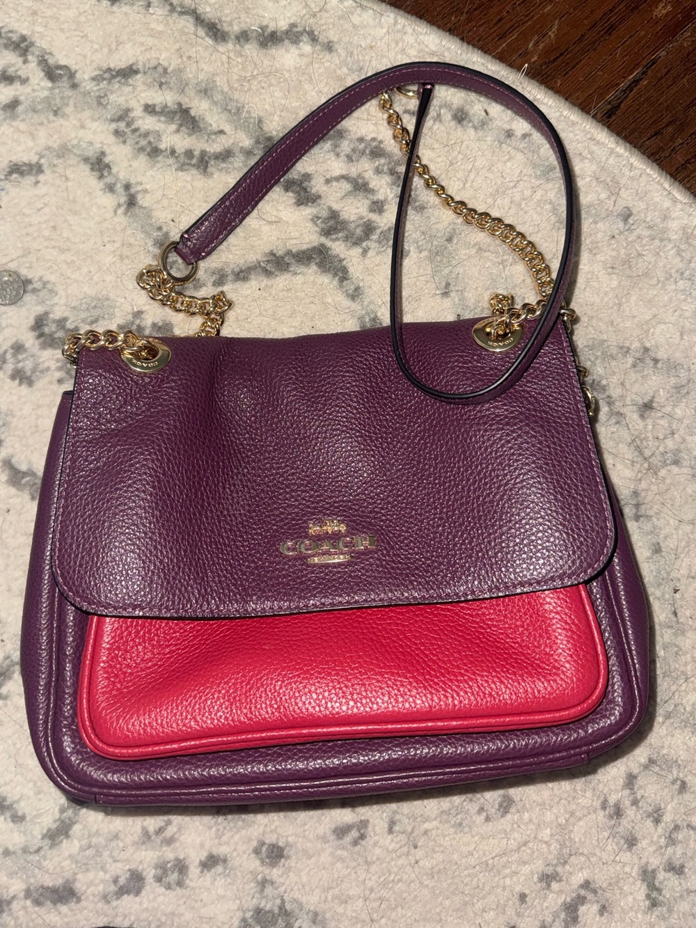 Coach Plum and Red Pebble Leather Shoulder Bag with Gold Chain